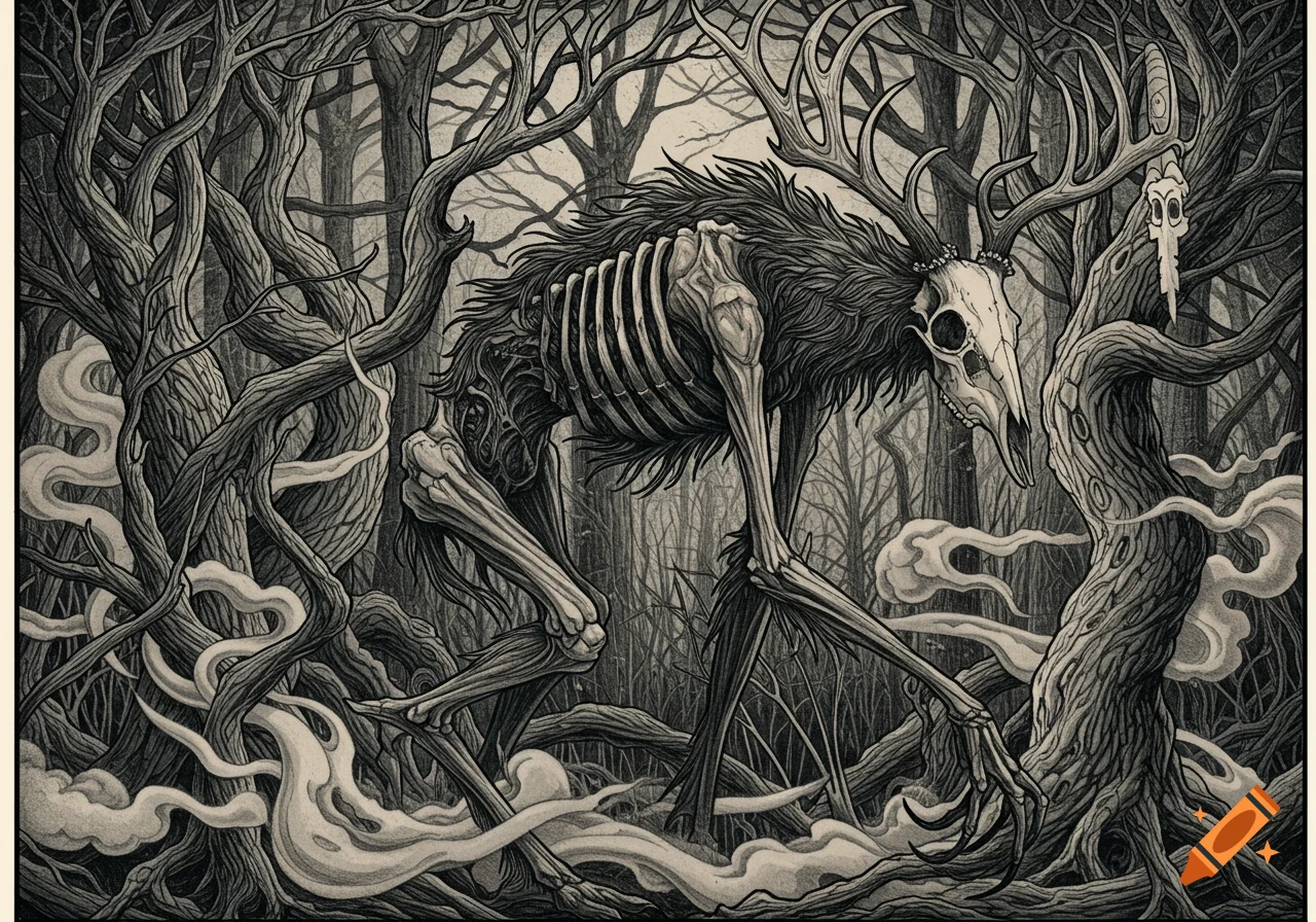 Black and white detailed drawing of a skeletal wendigo monster in a gnarled, dark forest.