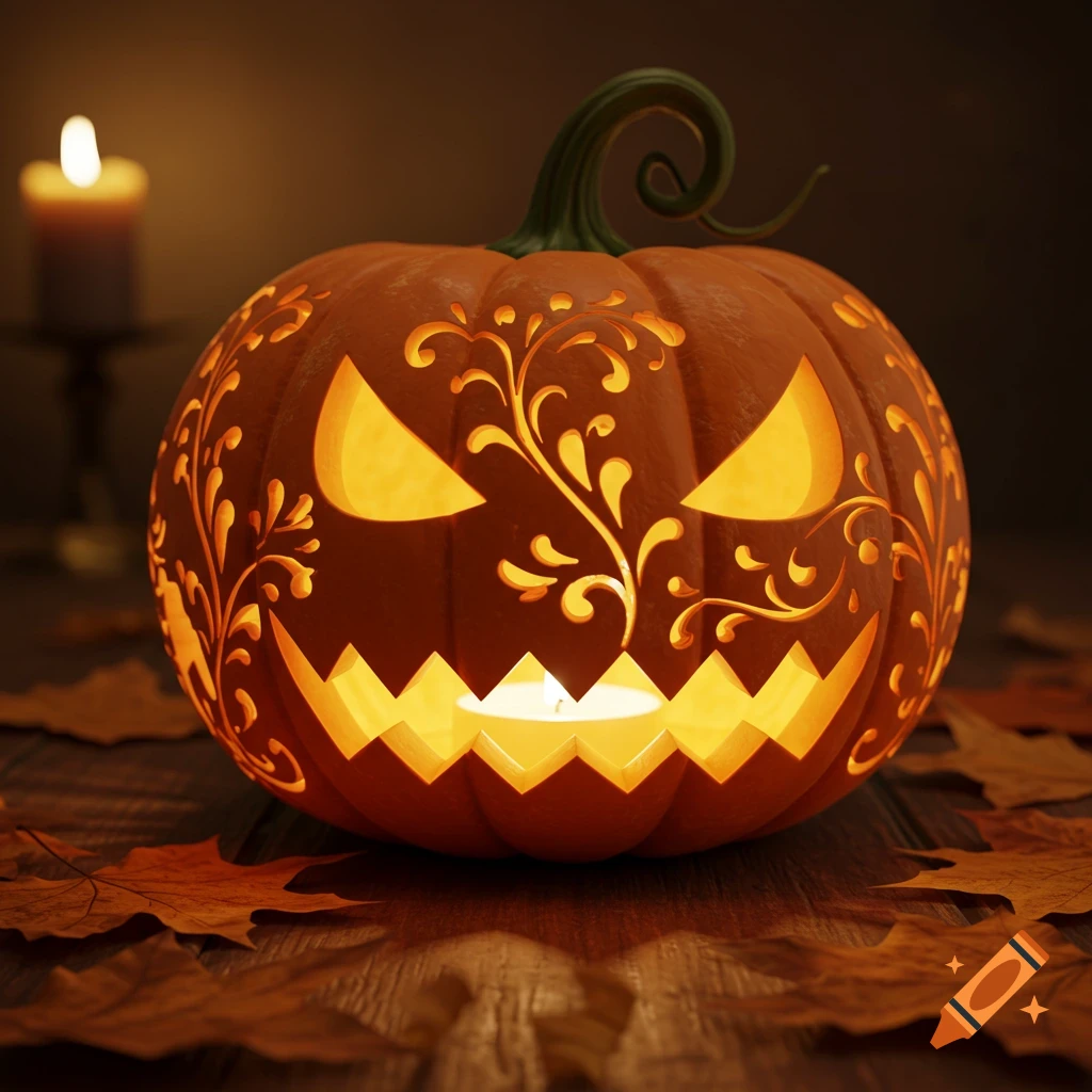 A glowing jack-o'-lantern with intricate carvings and spooky eyes, surrounded by autumn leaves on a wooden table, with a blurred candle in the background.