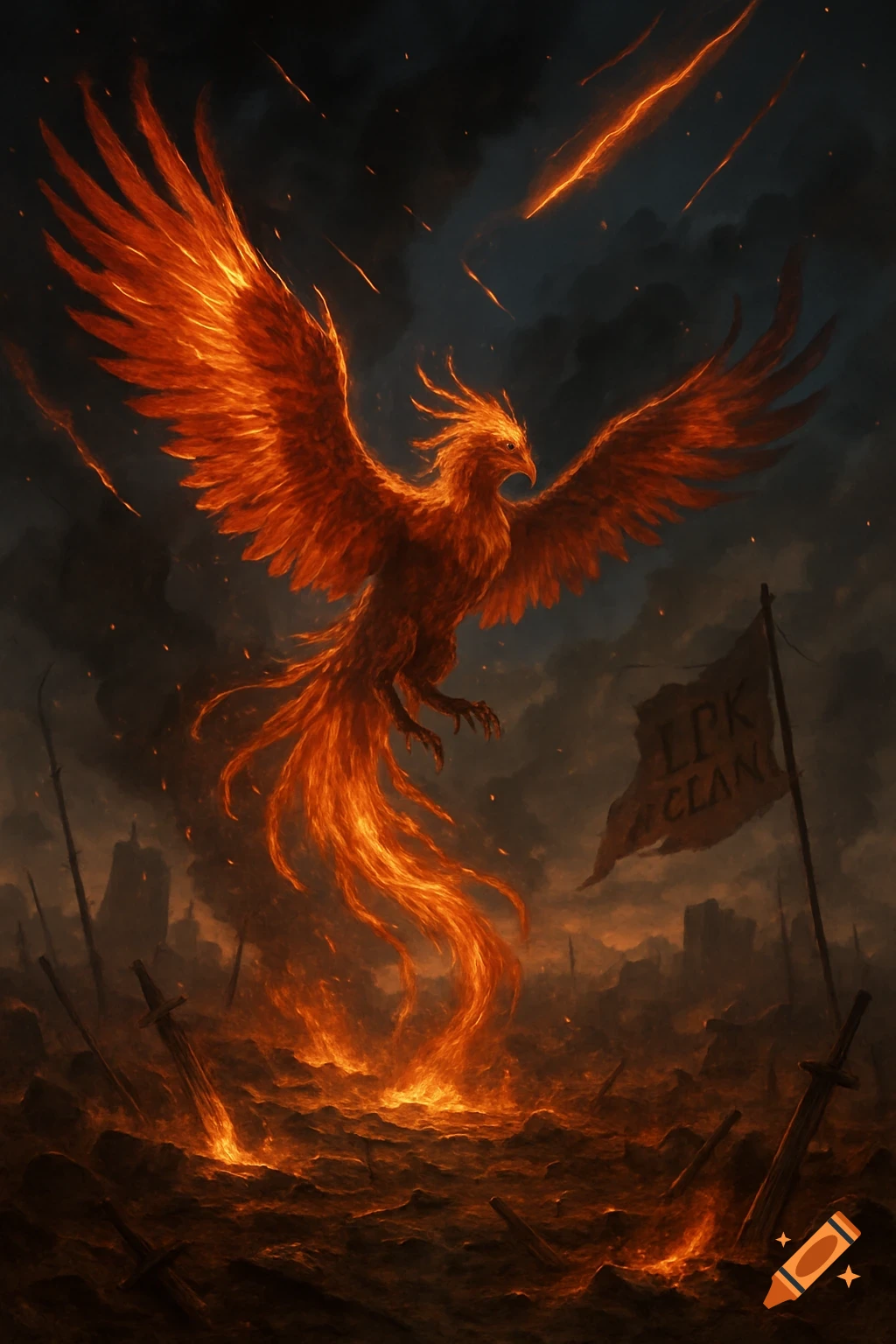 A large, fiery phoenix with outstretched wings rises from a burning, war-torn landscape under a dark, stormy sky with meteors.