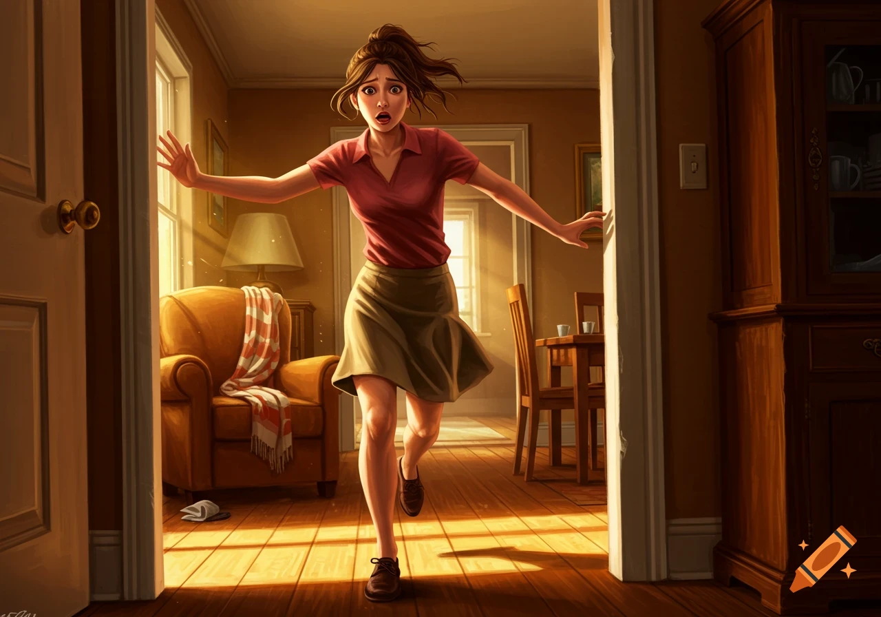 A panicked woman with brown hair runs through a sunlit house, depicted in an illustrative style.