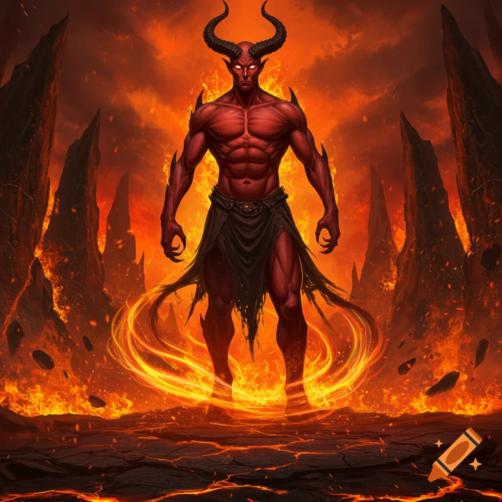 A powerful, red-skinned demon with large horns stands amidst a fiery, hellish landscape with jagged rocks, in a detailed digital painting.