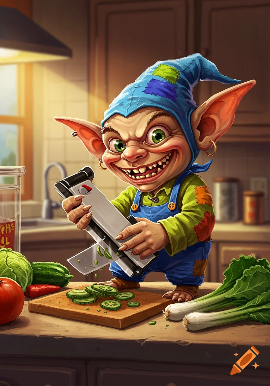 A grotesque goblin with large ears and a wide grin uses a vegetable chopper to slice cucumbers on a kitchen counter.