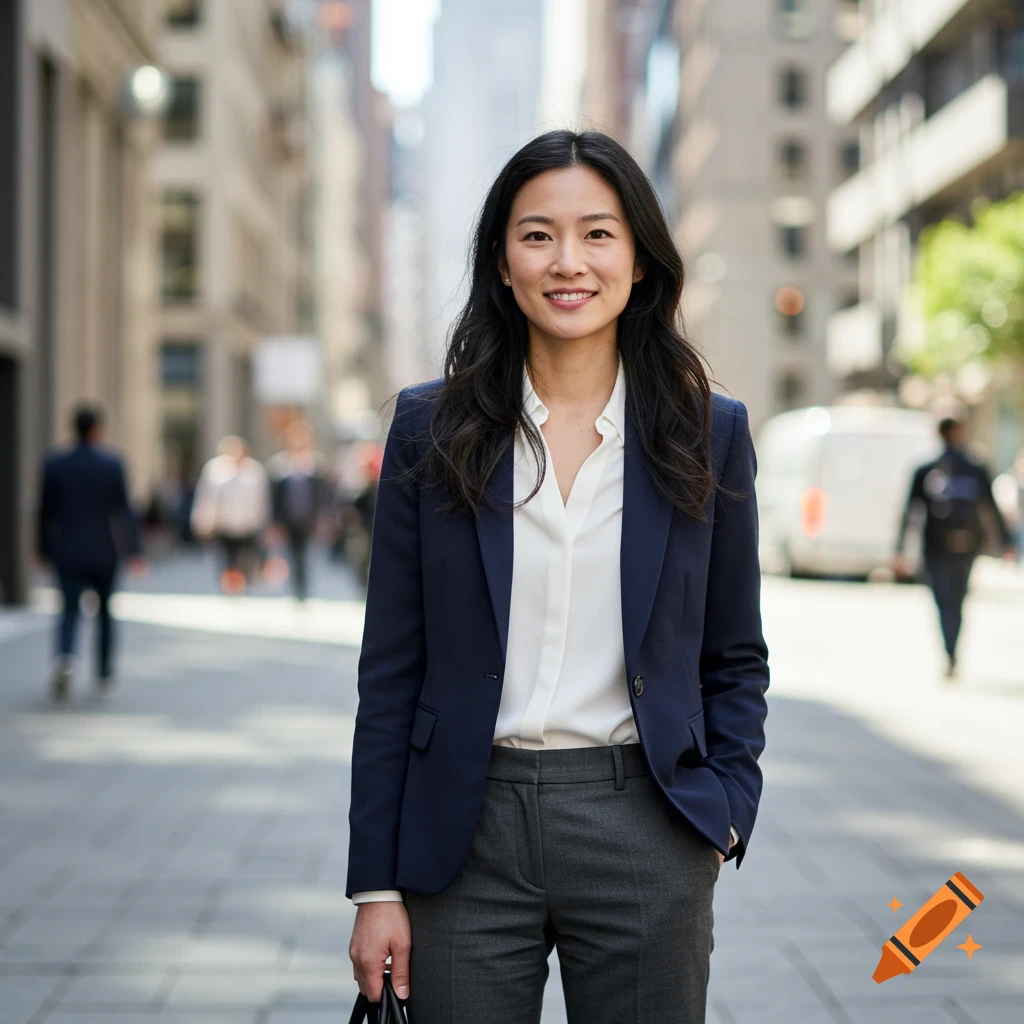 A smiling woman in a navy blazer and white shirt stands on a city street with blurred buildings in the background.