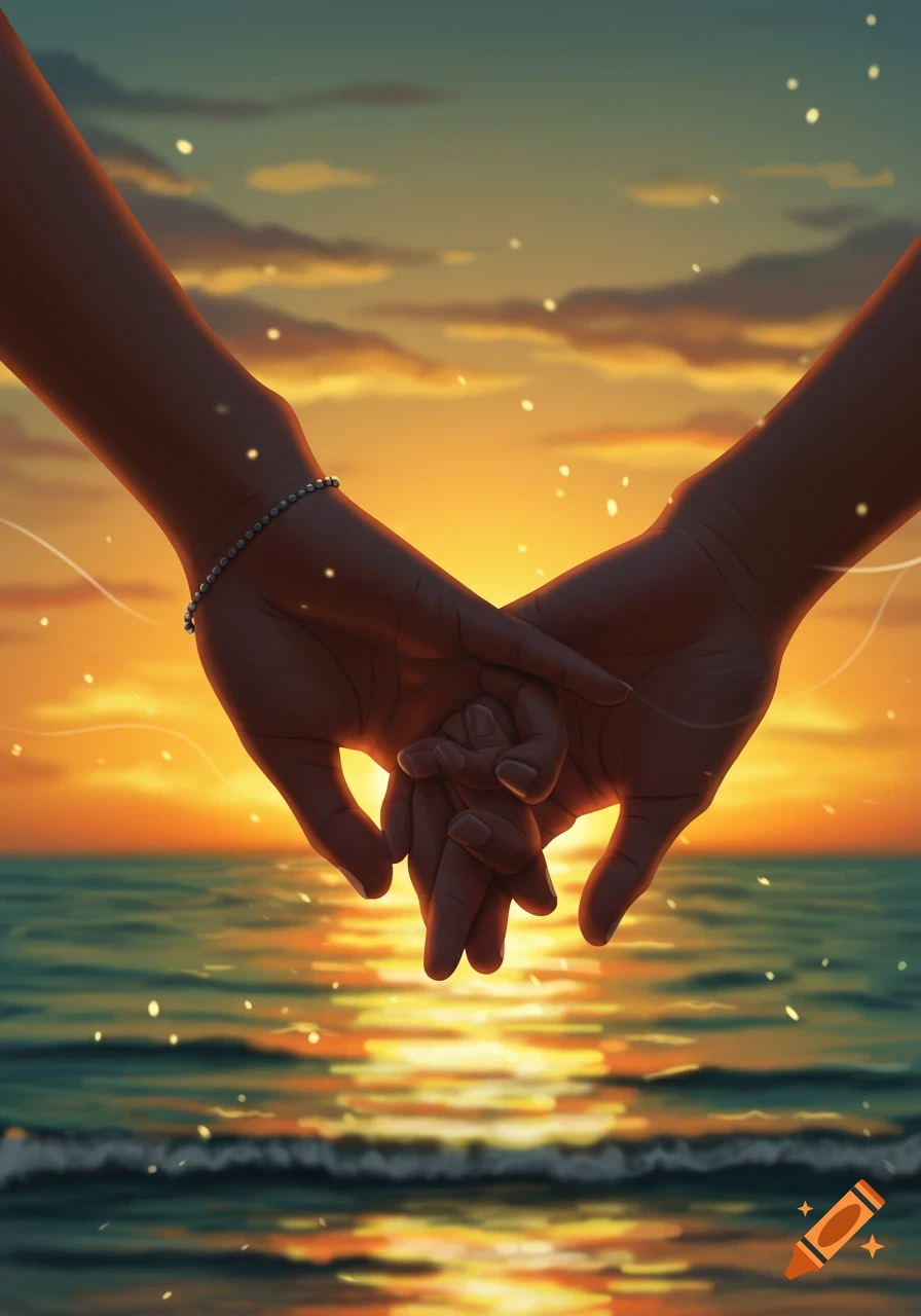 Two hands holding tightly against a vibrant orange and yellow sunset over the ocean in an illustration.