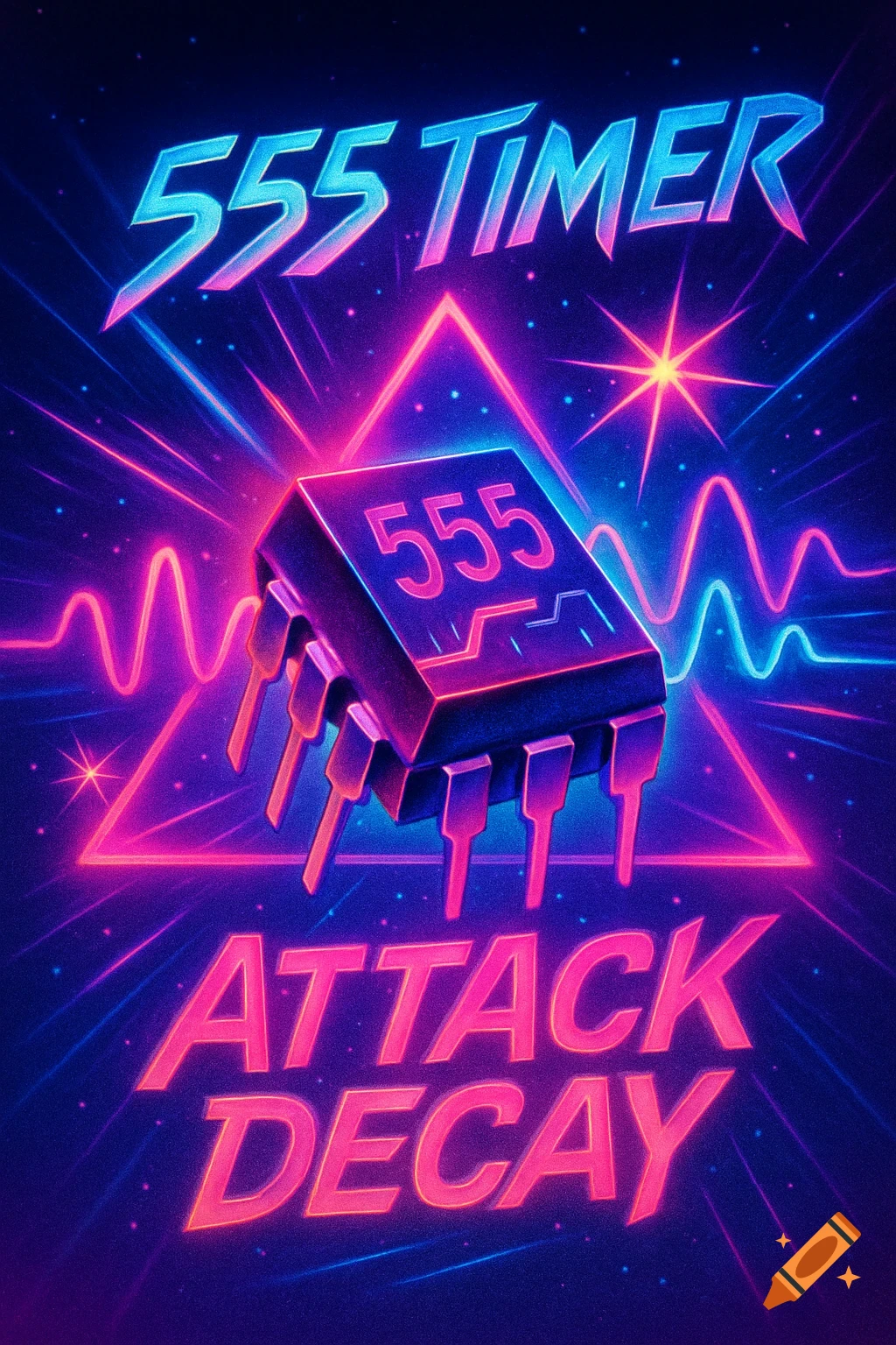 Neon synthwave album cover with a 555 timer chip, glowing triangles, and '555 TIMER ATTACK DECAY' text.