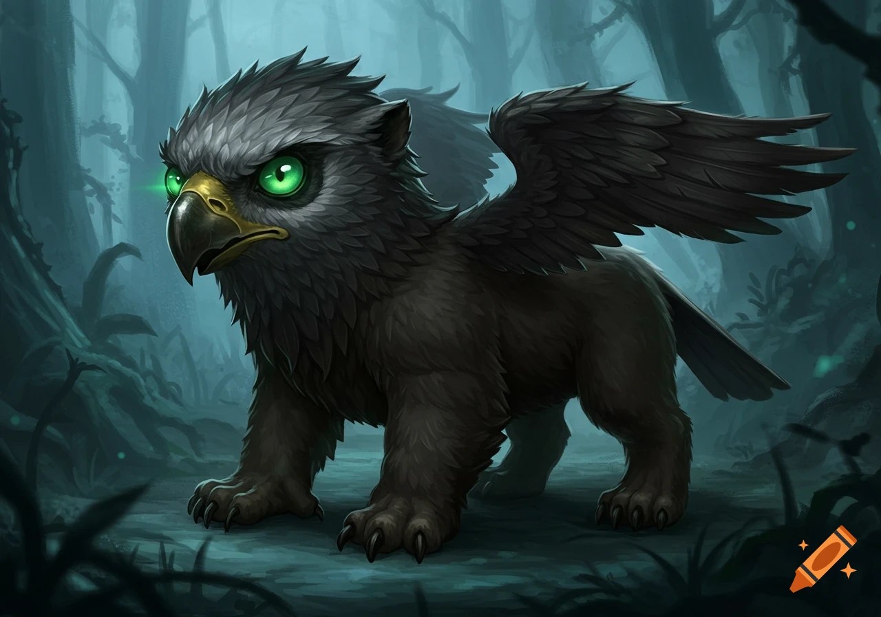 A fantasy griffin with dark feathers and fur, golden beak, and glowing green eyes stands in a mystical dark forest.