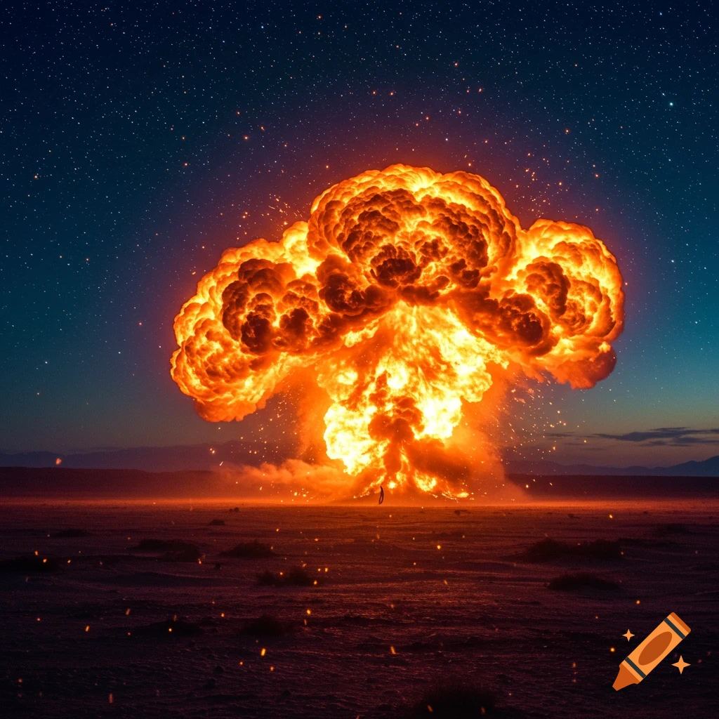 A massive, fiery explosion forms a mushroom cloud over a barren landscape under a clear, starry night sky.