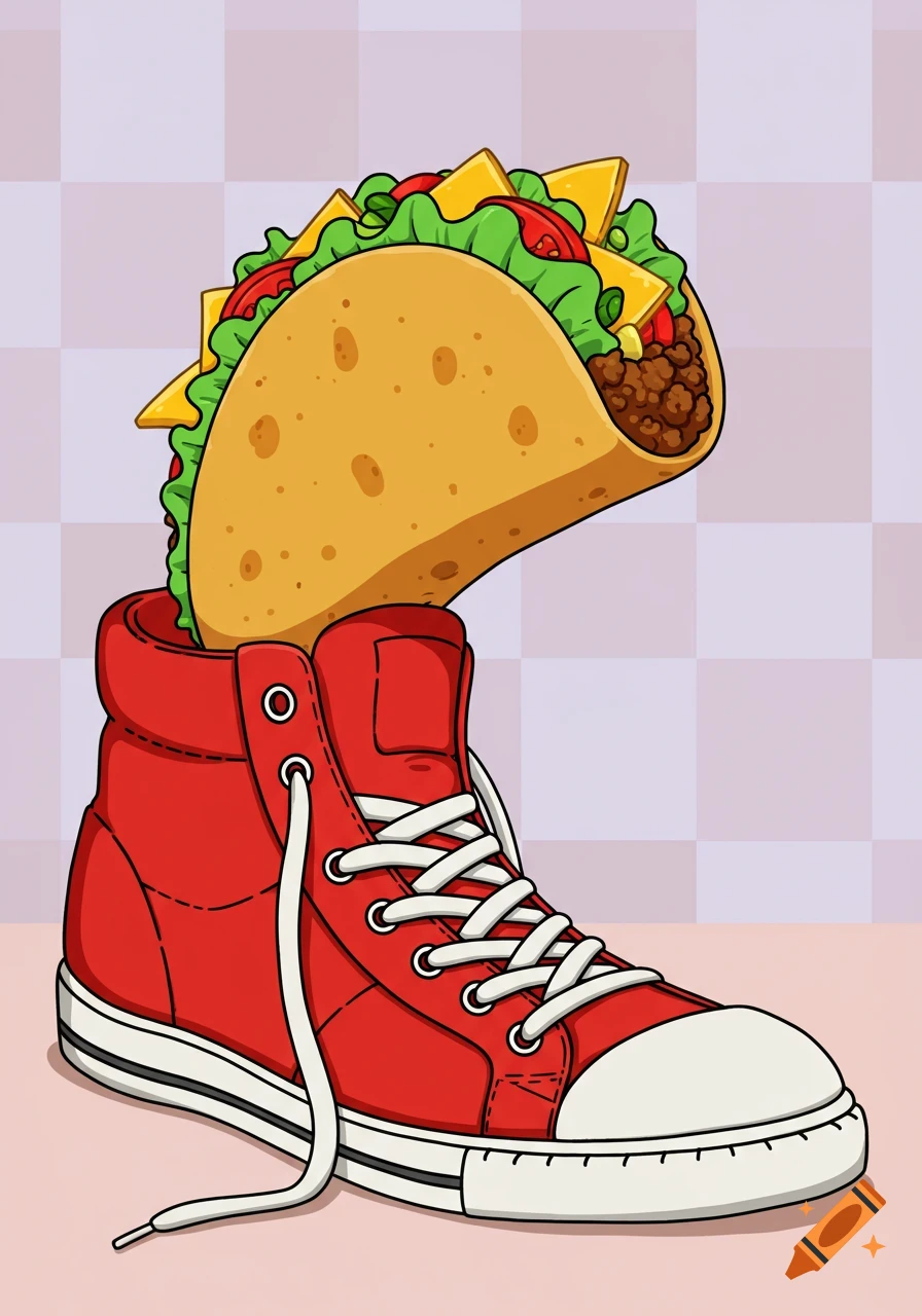 Cartoon illustration of a taco sticking out of a red high-top sneaker on a checkered background.