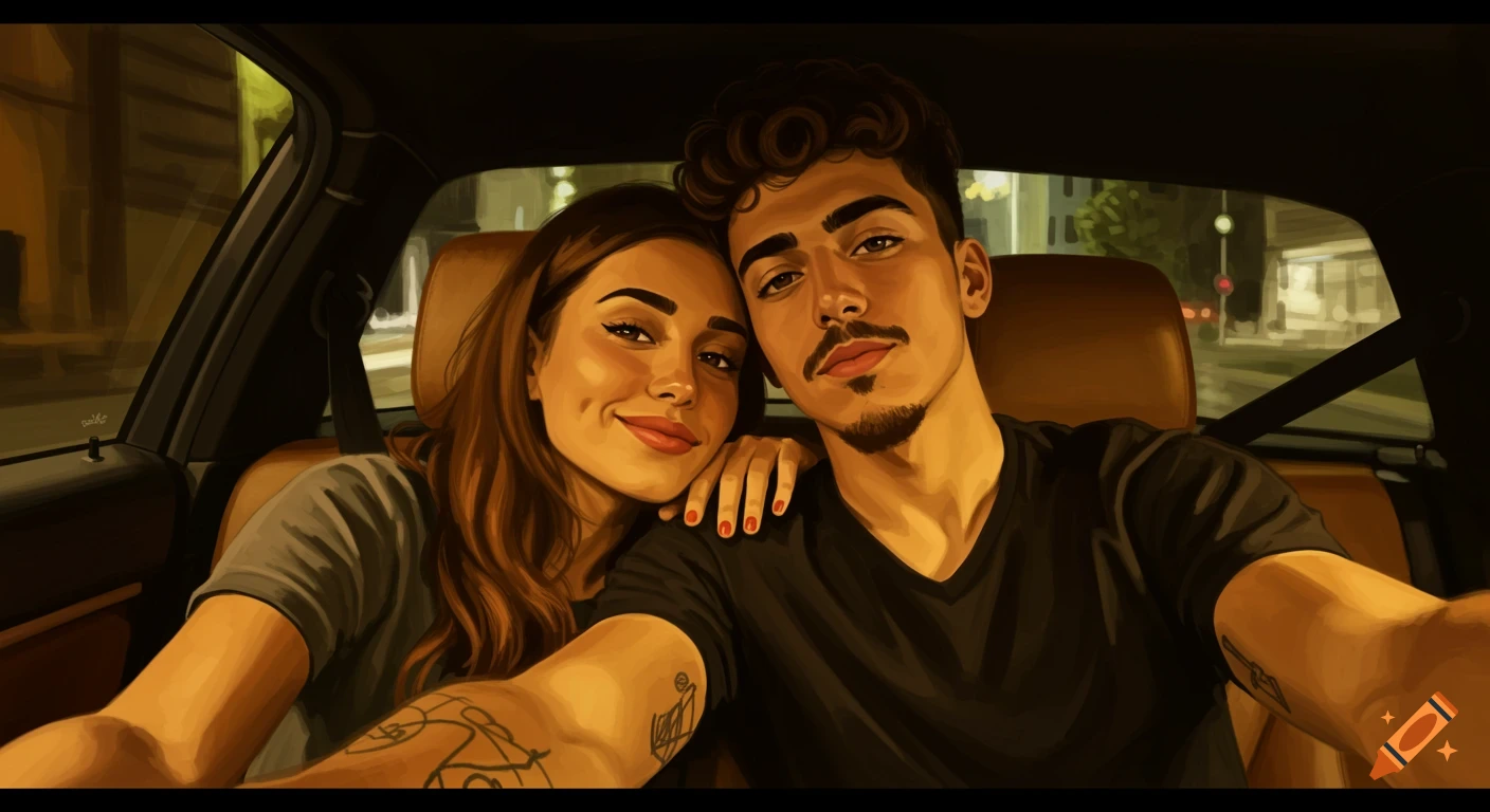 A digital painting of a smiling couple taking a selfie in a car at night, illuminated by interior and street lights.