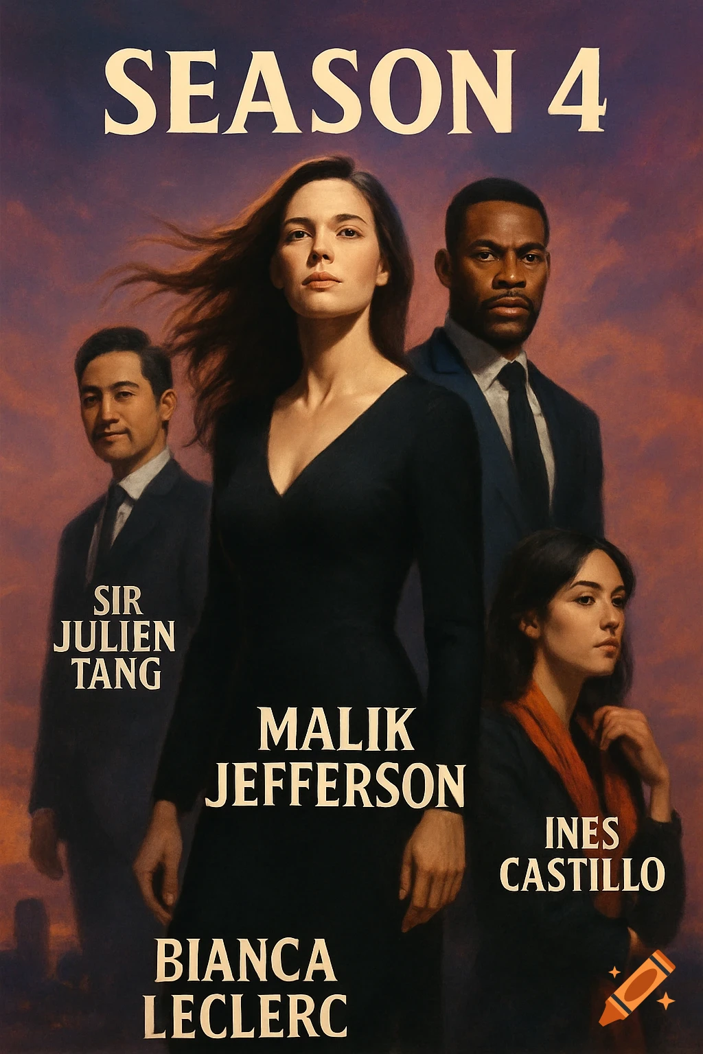 A dramatic movie poster for "Season 4" featuring four main characters against a sunset sky, with their names printed.