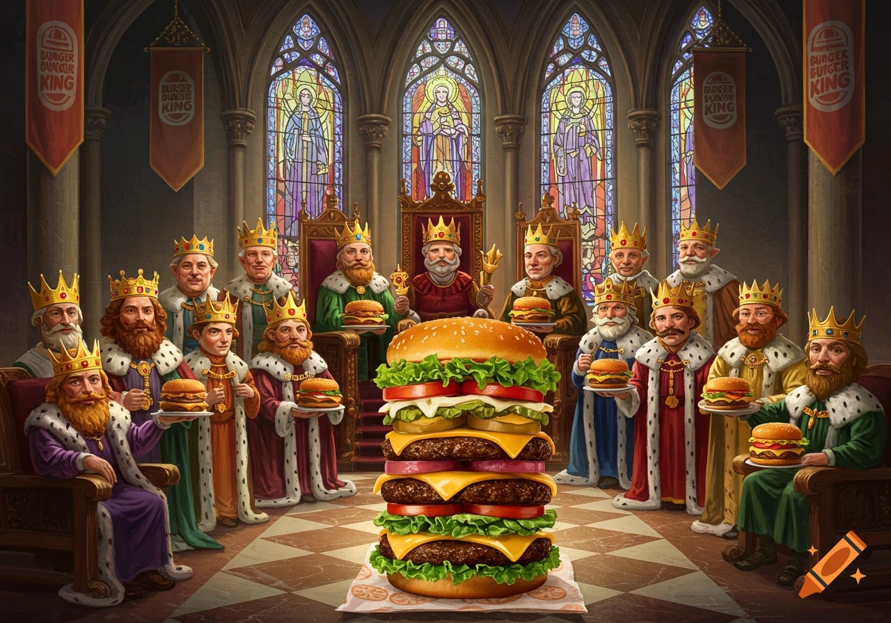 Medieval kings in robes and crowns feast on burgers in a grand hall with stained glass windows and Burger King banners, surrounding a giant burger.