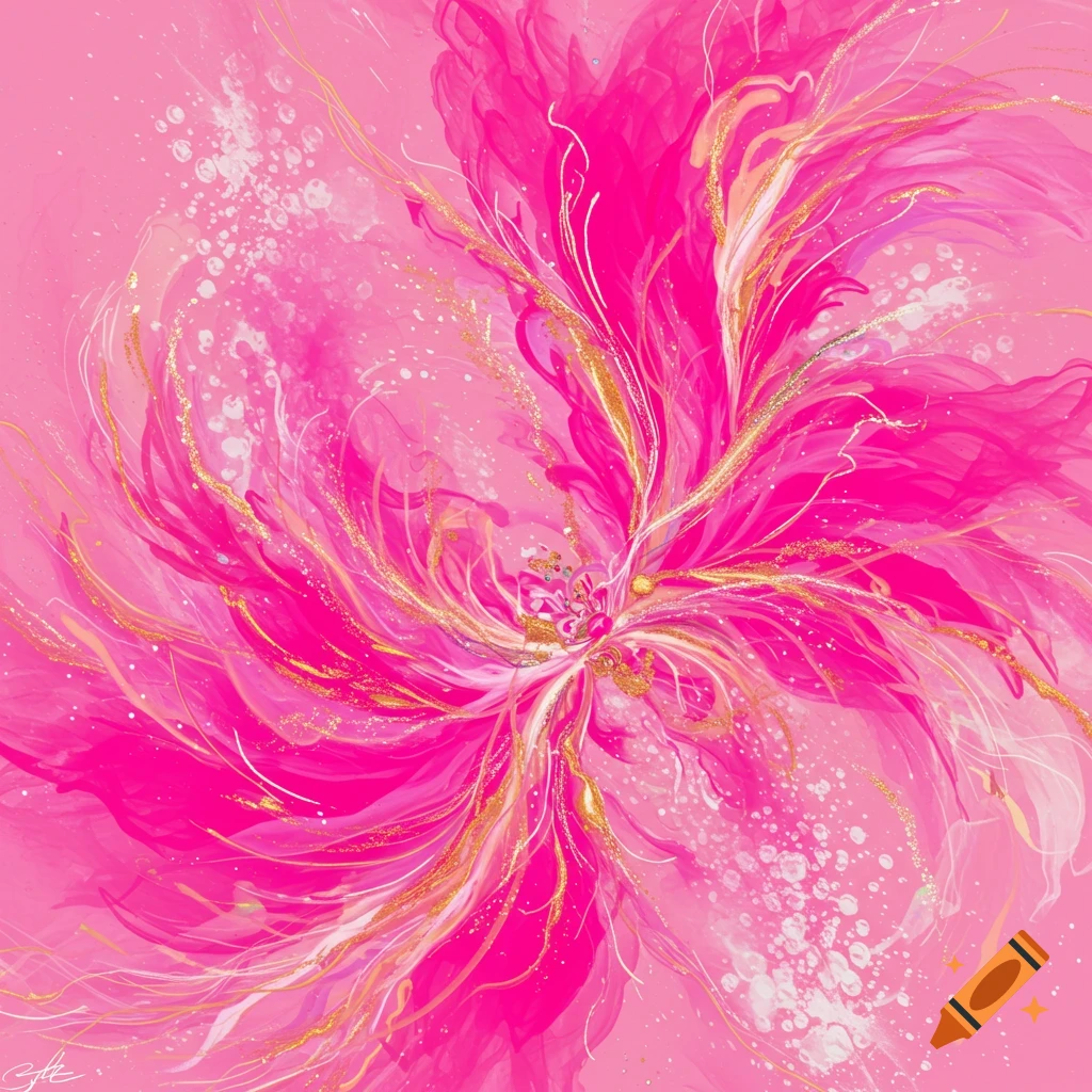 Vibrant abstract fluid art in bright pink with gold and white swirls and splatters.