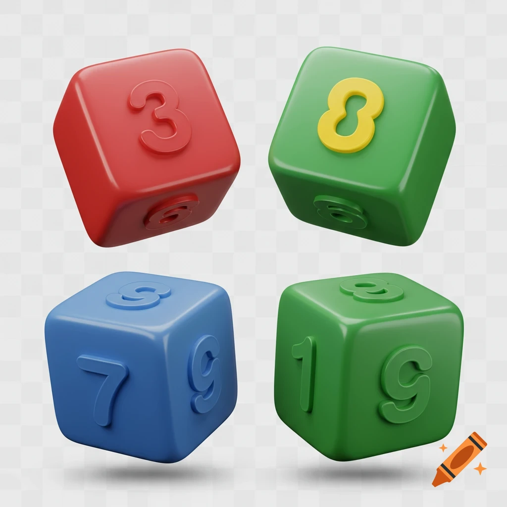 Four colorful 3D cubes, resembling Rummikub tiles, with numbers 3, 8, 7, 9, and 1, 9, floating against a transparent background.
