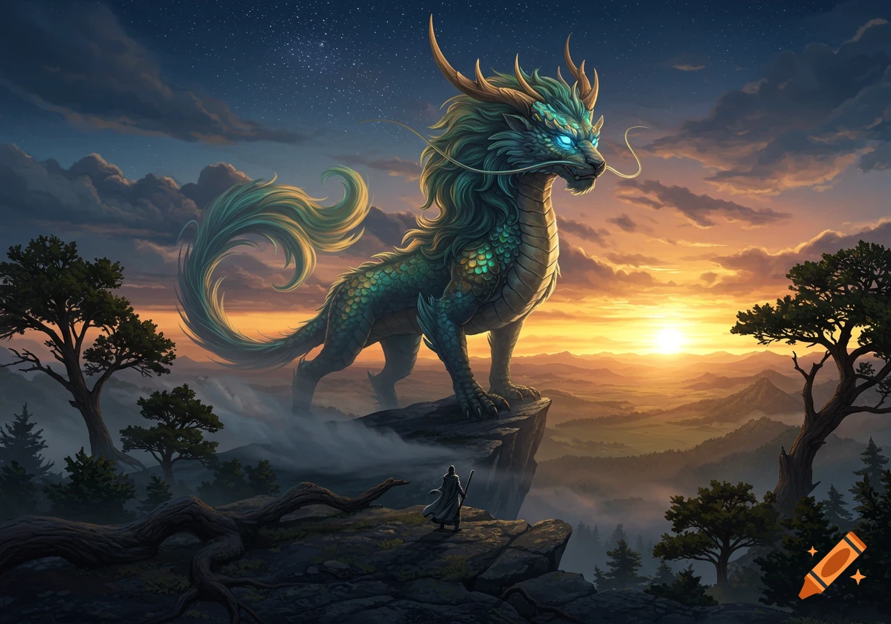 A majestic teal dragon with glowing blue eyes stands atop a rocky cliff at sunset, overlooking a vast misty landscape, with a small robed figure looking up at it.