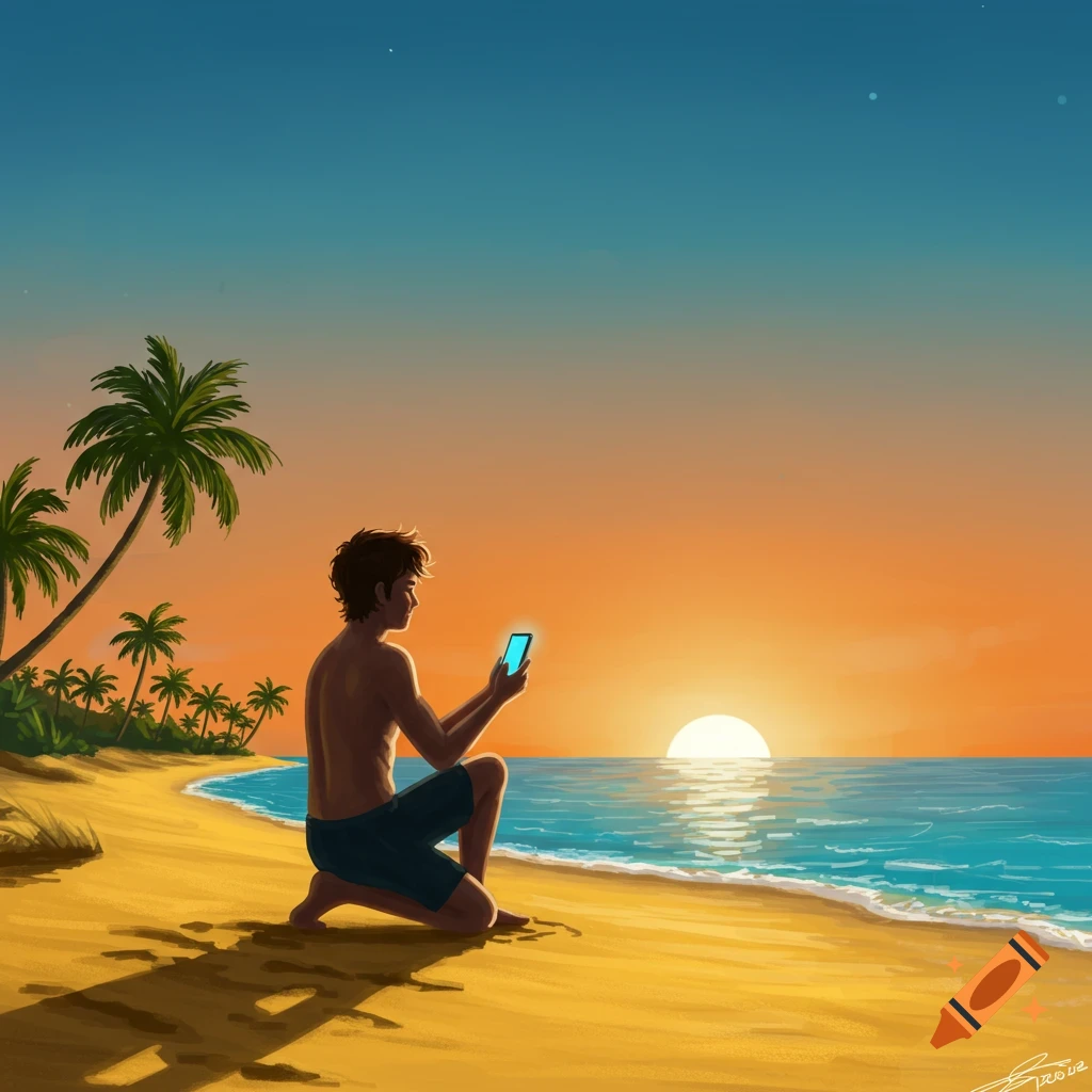 Digital illustration of a young man kneeling on a beach at sunset, looking at a glowing phone. Palm trees and ocean visible.