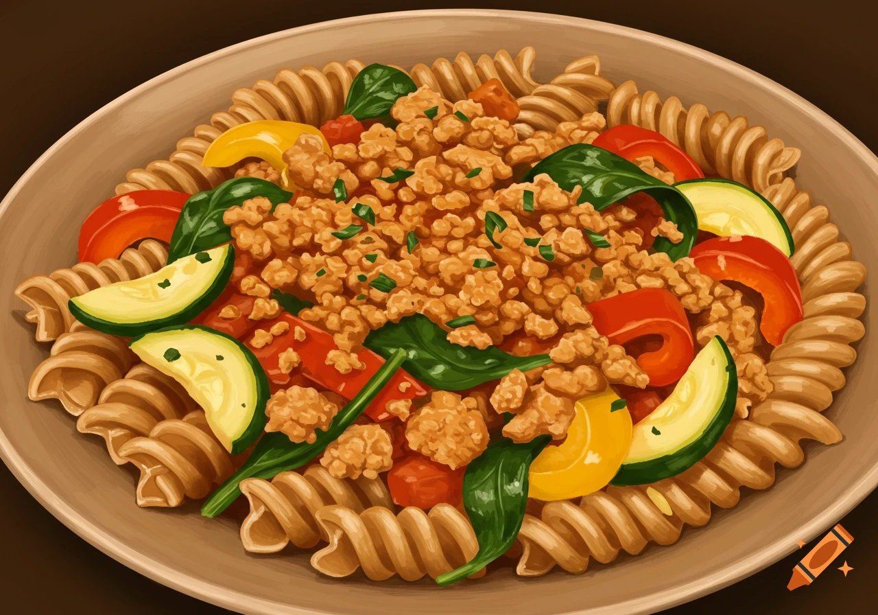 A close-up digital painting of turkey pasta with whole wheat rotini, ground turkey, red and yellow bell peppers, zucchini, and spinach in a bowl.