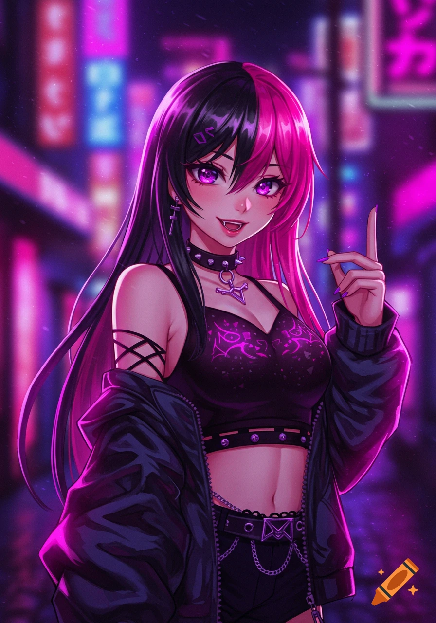An anime girl with long black and pink hair and purple eyes wears a black crop top, jacket, and shorts with a choker and chain belt, standing in a neon-lit city street.