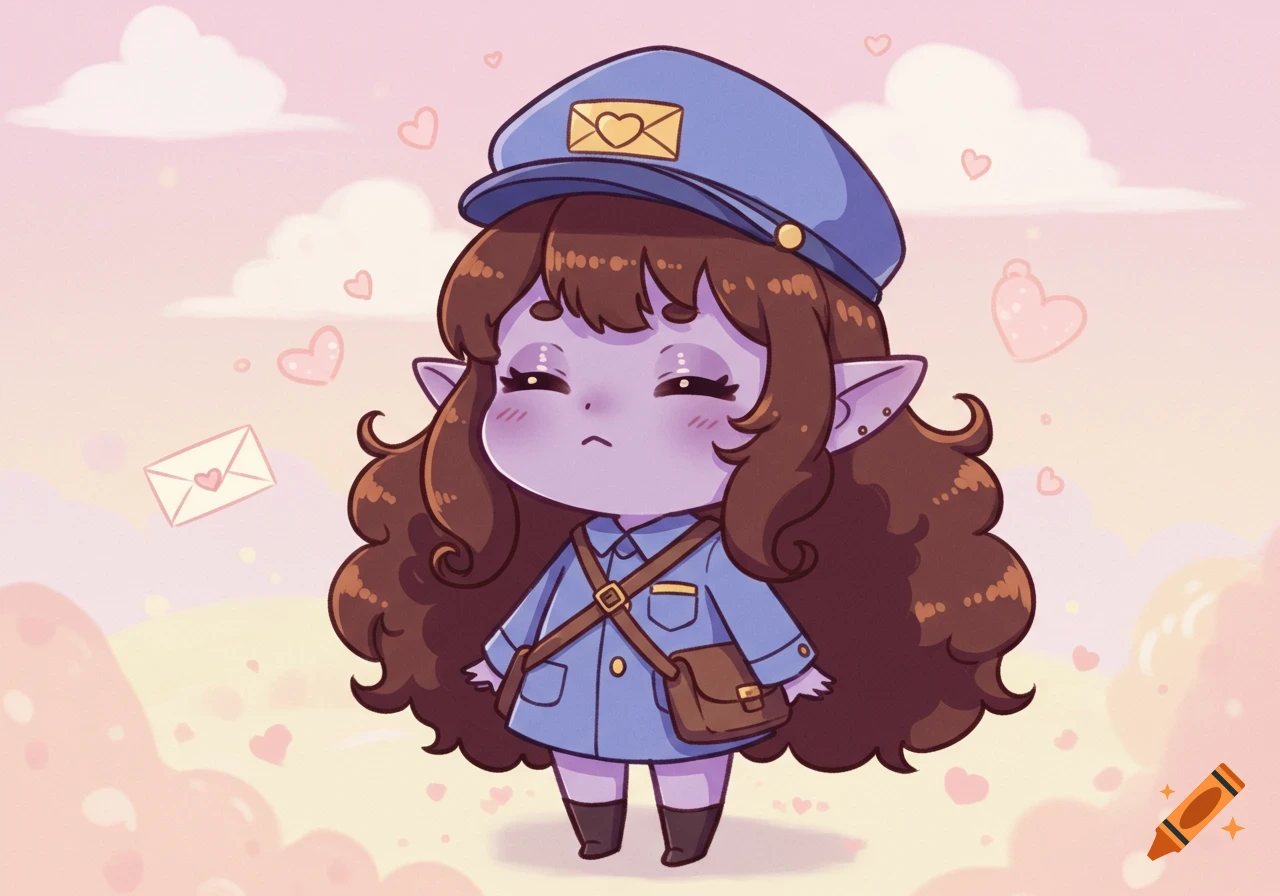 Chibi mail woman with purple skin, brown curly hair, blue uniform, and a messenger bag, with a confused expression against a pink sky with hearts.