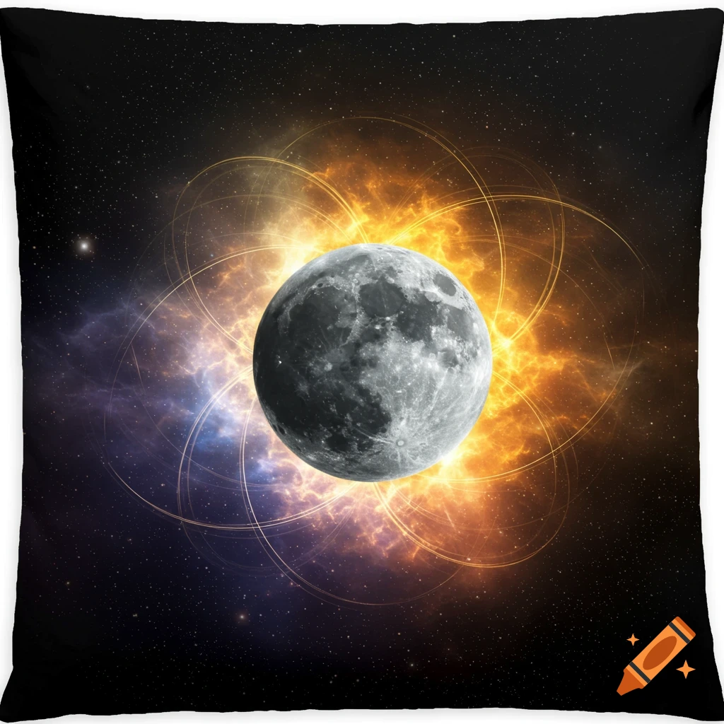 A bright moon orbited by abstract golden and purple light against a starry space background.