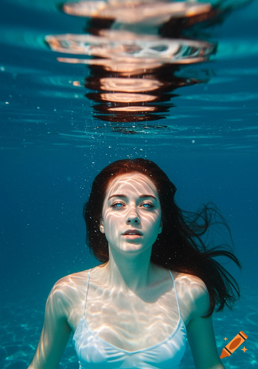 A red-haired woman with bright blue eyes floats in clear blue water, light patterns from the surface shimmering on her face and body.