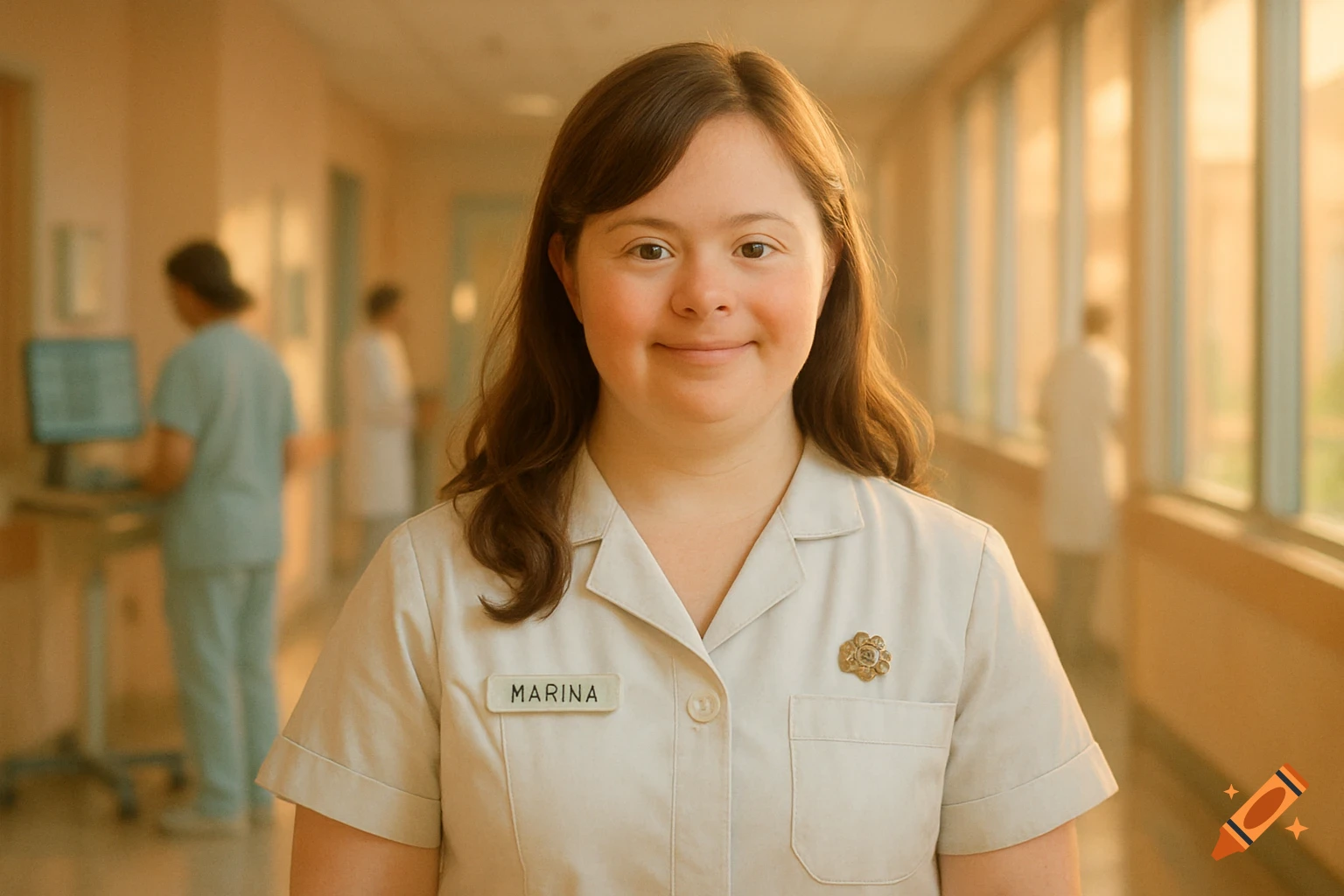 A smiling female nurse with Down syndrome wearing a name tag that reads 'MARINA' in a hospital hallway.