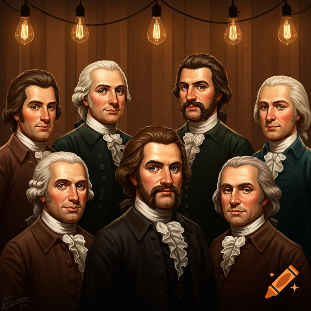 Six men in 18th-century attire with 70s hairstyles and facial hair stand under string lights.