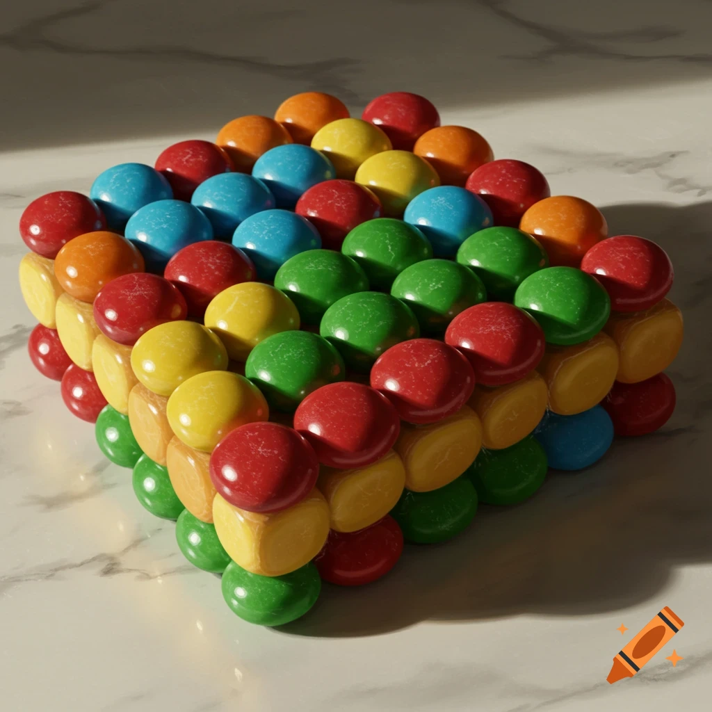A block of colorful, round candies on a marble surface, lit by sunlight.