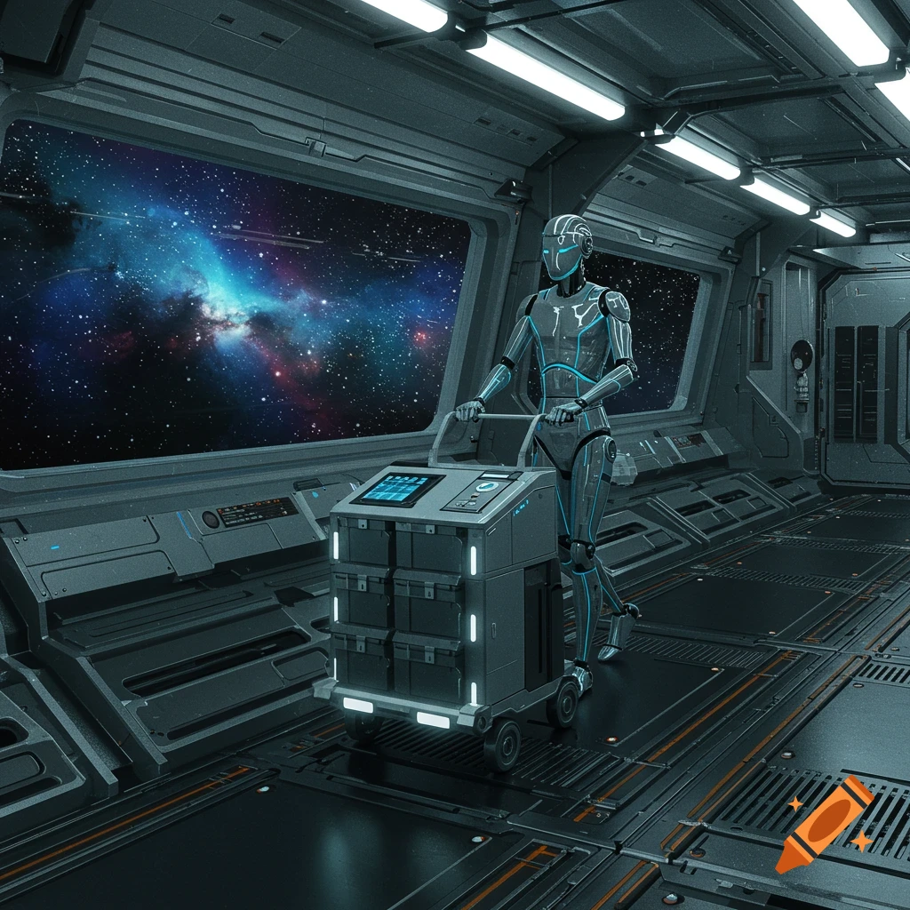 A sleek robot in a futuristic spaceship corridor pushes a rolling cart with glowing screens, looking out a large window at a vibrant nebula and stars.