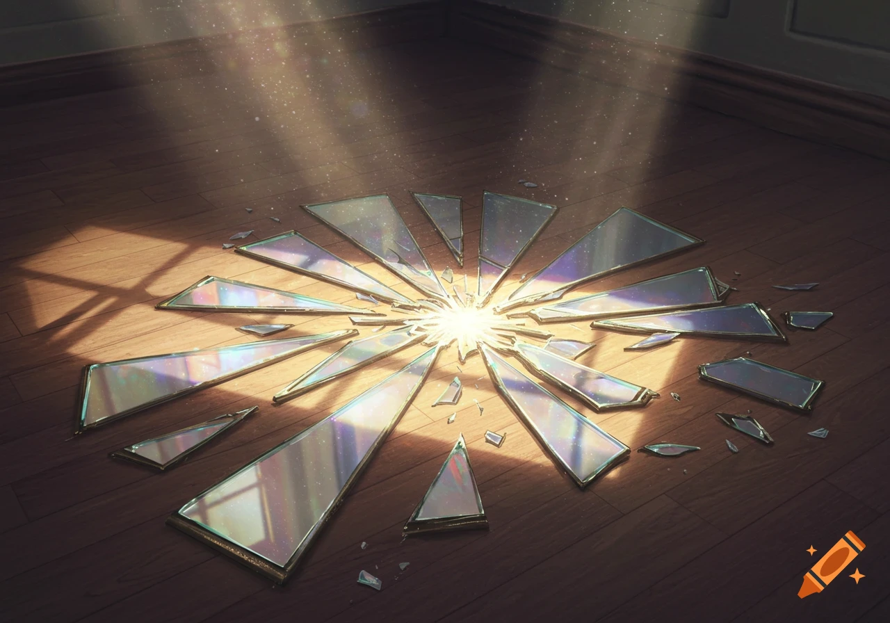 Shattered mirror fragments on a wooden floor, reflecting light with sparkling rays, in a photorealistic style.