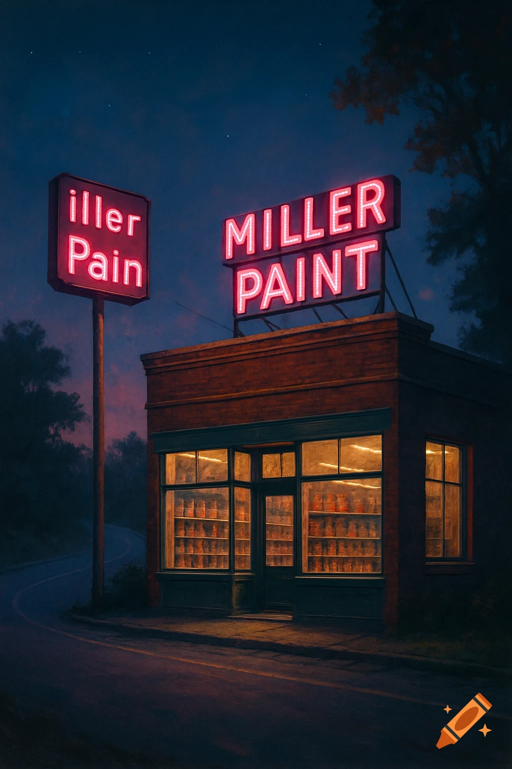A paint store called Miller Paint with glowing neon signs at dusk along a rural road.