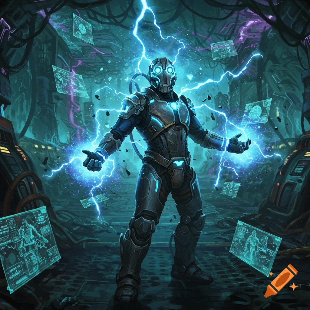 A futuristic armored robot emits blue lightning in a dark, high-tech lab with floating holographic screens. Digital art.