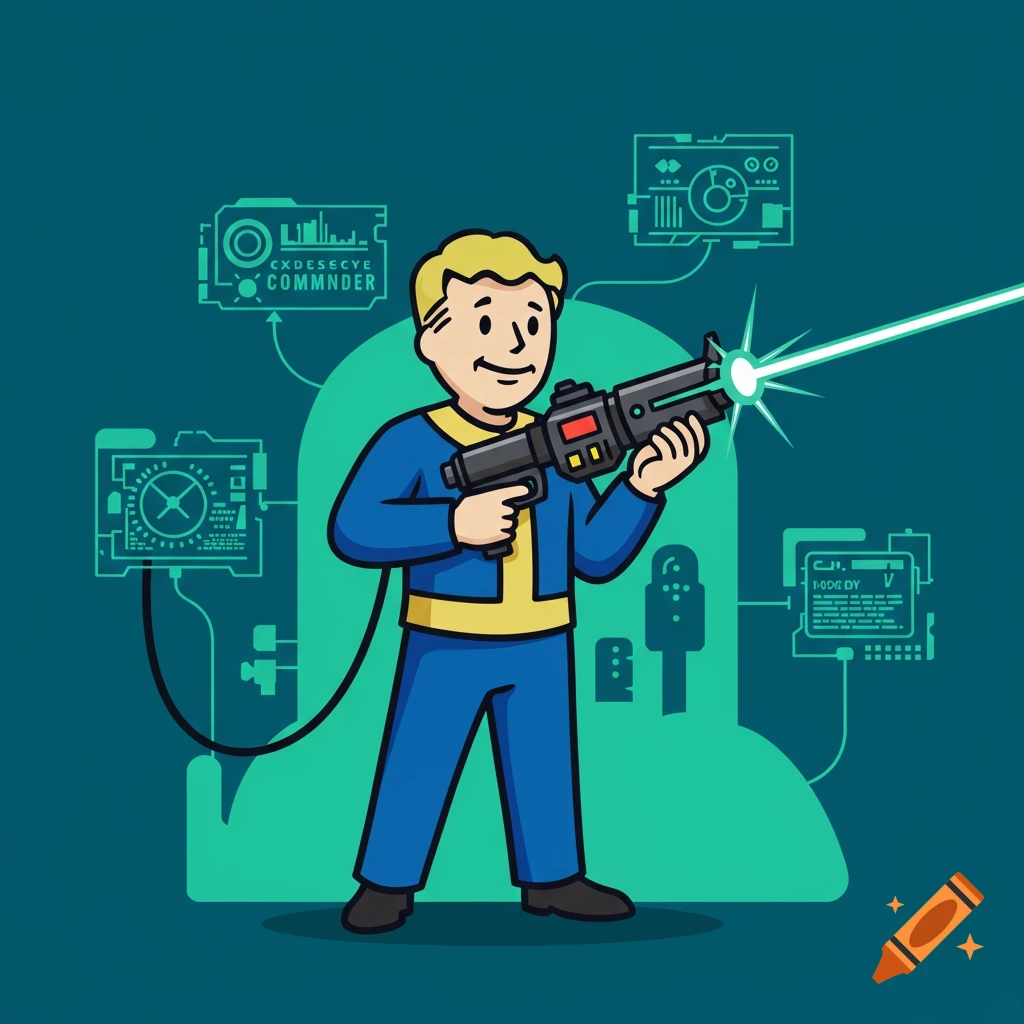 Cartoon illustration of Vault Boy from Fallout in a blue and yellow suit, holding a laser rifle that shoots a green beam.