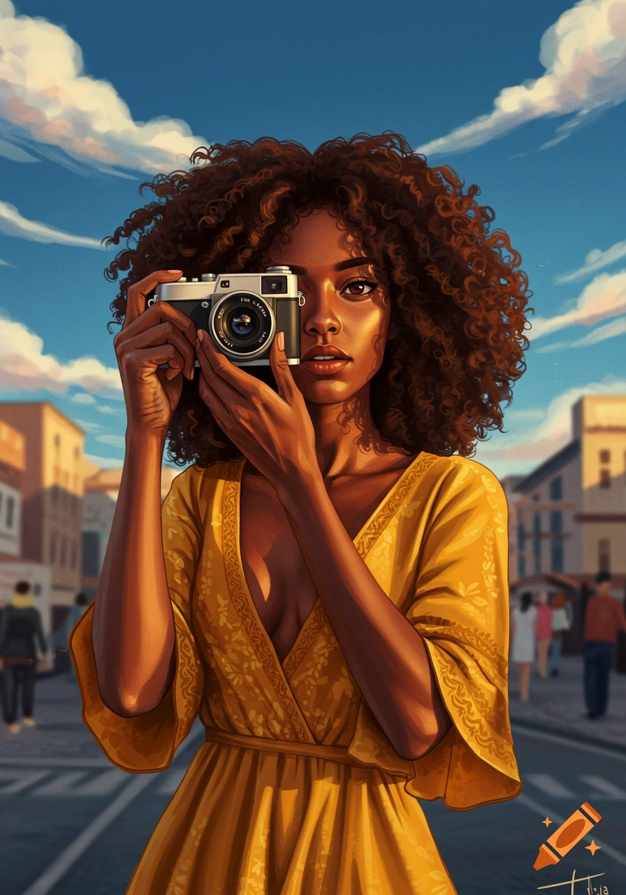 An illustrative portrait of a Black woman with curly hair, wearing a yellow dress, holding a vintage camera to her face on a sunny street.