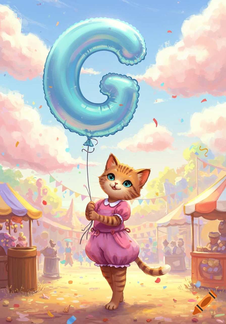 A cute anthropomorphic cat in a pink dress holds a large blue 'G' balloon at a vibrant, confetti-filled carnival.