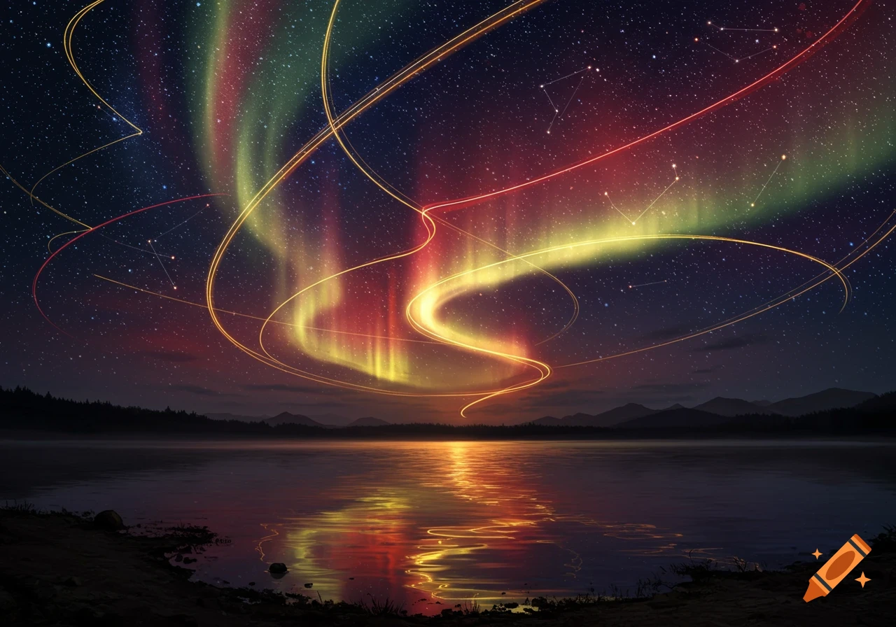 Vibrant aurora borealis and light trails illuminate a starry night sky over a reflective lake.