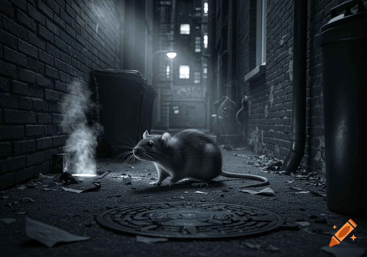 A photorealistic image of a rat standing on a dark, wet alley ground with steam rising from a grate, illuminated by a streetlamp.