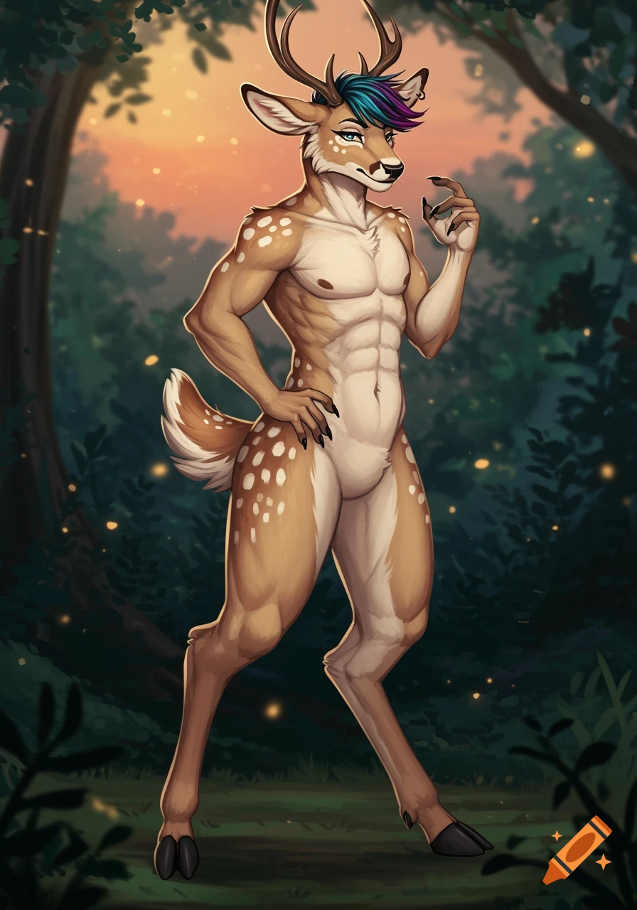 A muscular, anthropomorphic male deer with multicolored hair, eyeliner, and clawed fingers stands in a mystical forest at sunset, in a digital art style.