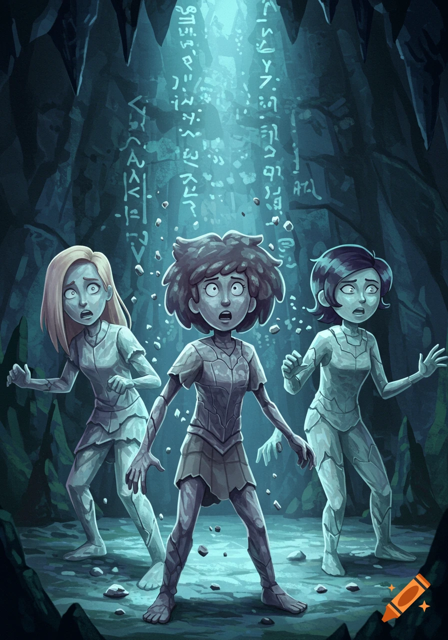 Three animated female characters, appearing to be turning to stone, look shocked in a dark, glowing cave with ancient glyphs on the walls.
