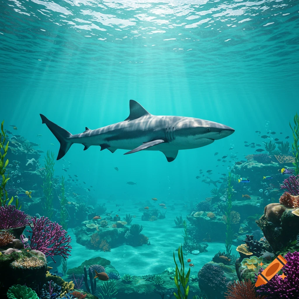 A photorealistic shark swims over a colorful coral reef, with sunbeams in clear blue ocean water.