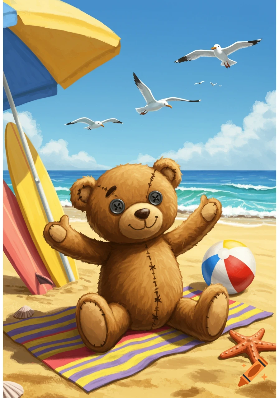 A happy brown teddy bear with button eyes sits on a colorful towel on a sunny beach with surfboards, a beach ball, and seagulls flying overhead.
