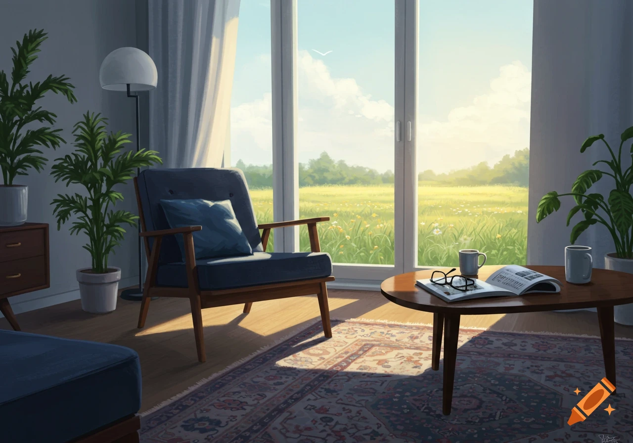 A cozy, sunlit living room with an armchair, plants, and a coffee table looking out onto a bright, green field.