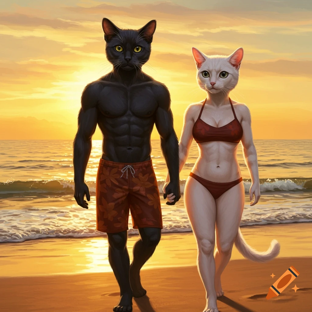 A black male anthropomorphic cat and a white female anthropomorphic cat in beachwear walk on a beach at sunset, holding hands. Semi-realistic style.