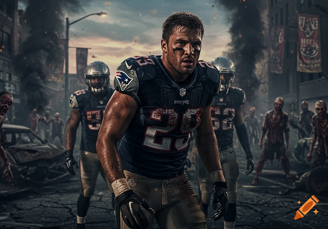 A photorealistic image of an NFL football player, likely a New England Patriot, with battle scars, standing in a ruined city with zombies.