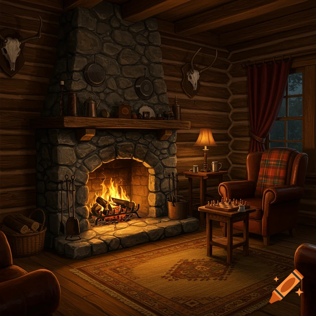 A cozy, rustic log cabin living room with a stone fireplace, an armchair, and a chessboard on a table.