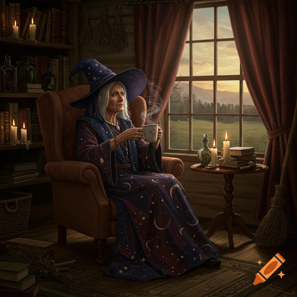 A detailed painting shows an old witch in a purple starry robe and hat, sitting in an armchair by a window, sipping from a mug in a cozy, candlelit room filled with books.