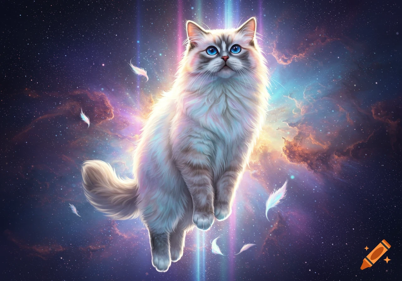A majestic fluffy ragdoll cat with bright blue eyes floats in a vibrant cosmic background filled with stars, nebulae, and colorful light rays.