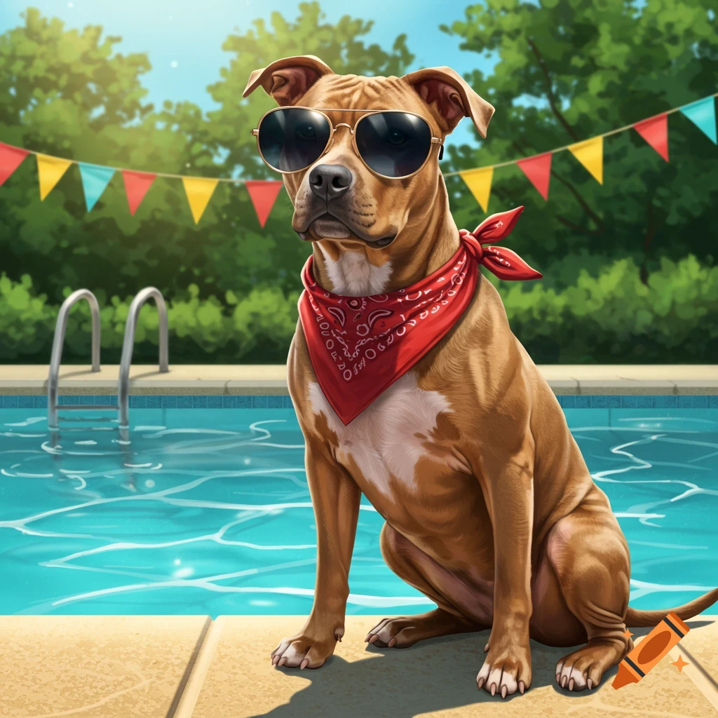 A realistic cartoon pitbull dog wearing sunglasses and a red bandana, sitting by a swimming pool with colorful flags.
