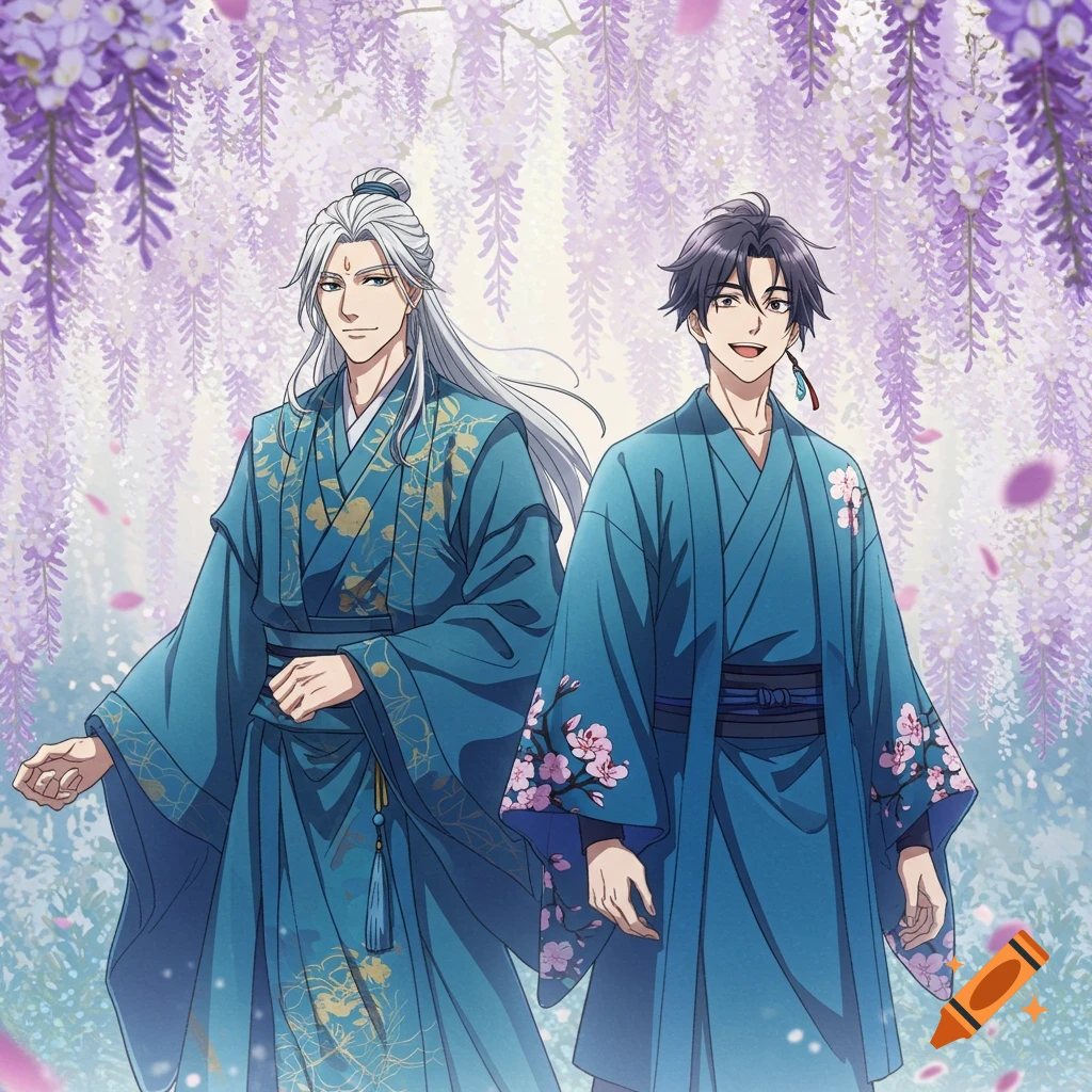 Two anime men in blue robes under purple wisteria flowers.