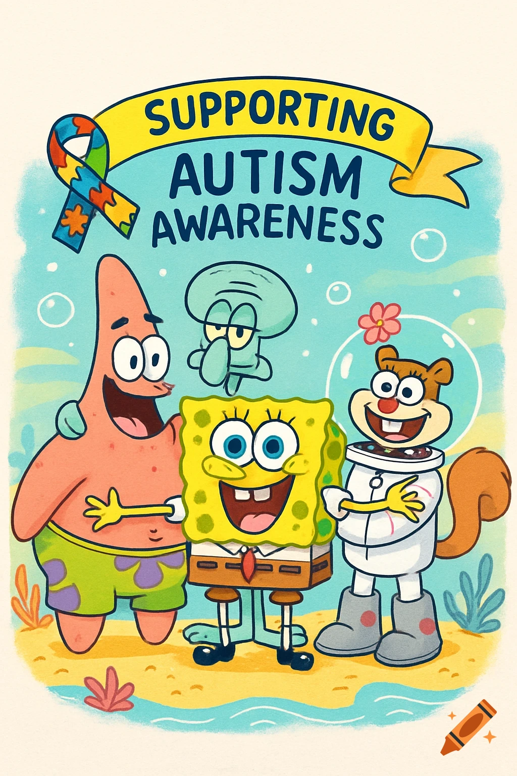 Spongebob, Patrick, Squidward, and Sandy Cheeks stand together under a banner that reads 'SUPPORTING AUTISM AWARENESS' with a puzzle piece ribbon.
