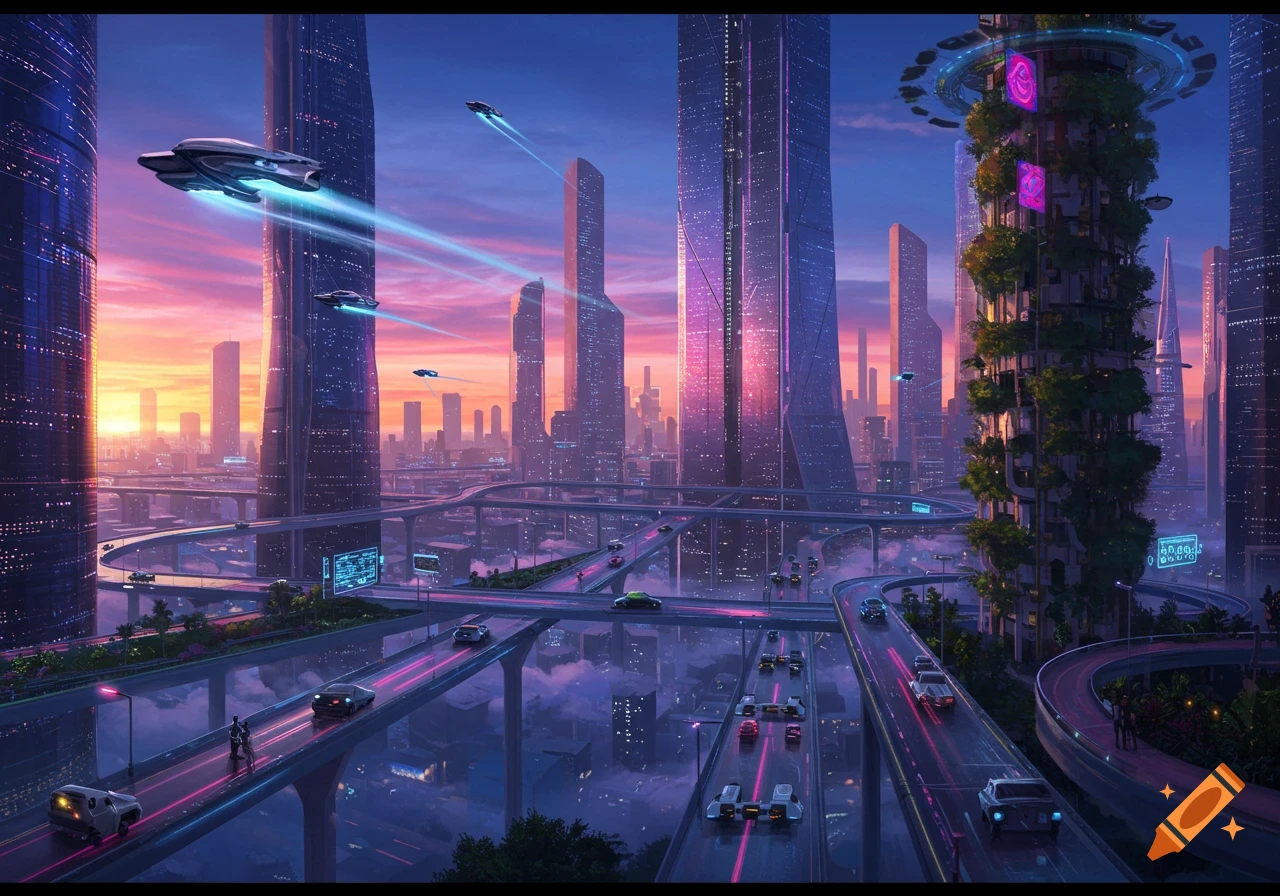 A vibrant futuristic megalopolis at sunset with towering skyscrapers, multi-level highways, flying vehicles, and pink-purple skies.